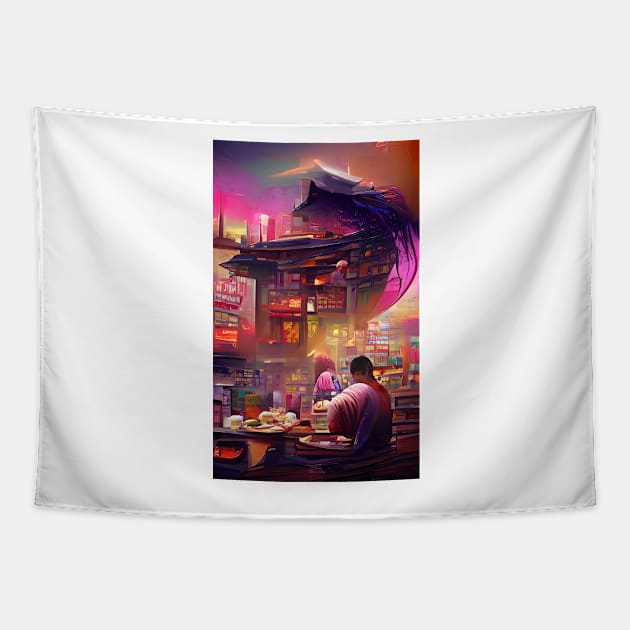 Ramen Terrace | Cyberpunk| Ramen near me Tapestry by PsychicLove