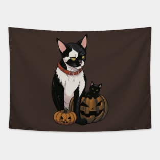 Spooky Halloween Night - Black Cat and Kid Cat in a Scary Pumpkin Tapestry