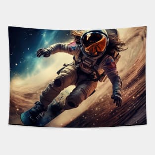 woman astronaut racing in extreme sport cosmic punk space Tapestry