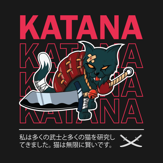 Fierce Repeated Katana Text Cat T-Shirt by Ampzy