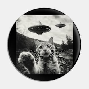 Funny Alien Cat Selfie UFO Encounter Pin