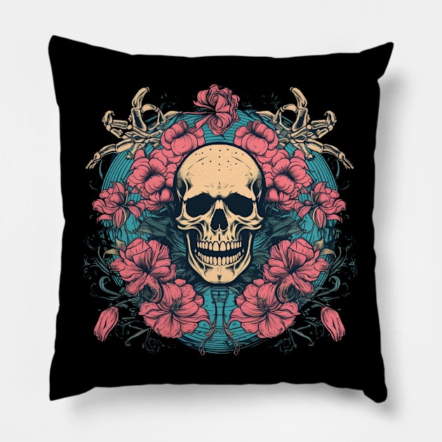 Tropical Skull with Flowers Pillow by TOKEBI