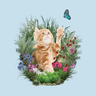 Ginger kitten playing with a blue butterfly T-Shirt