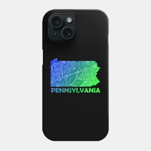 Colorful mandala art map of Pennsylvania with text in blue and green Phone Case