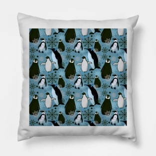 Snowy Penguins - Teal Pillow