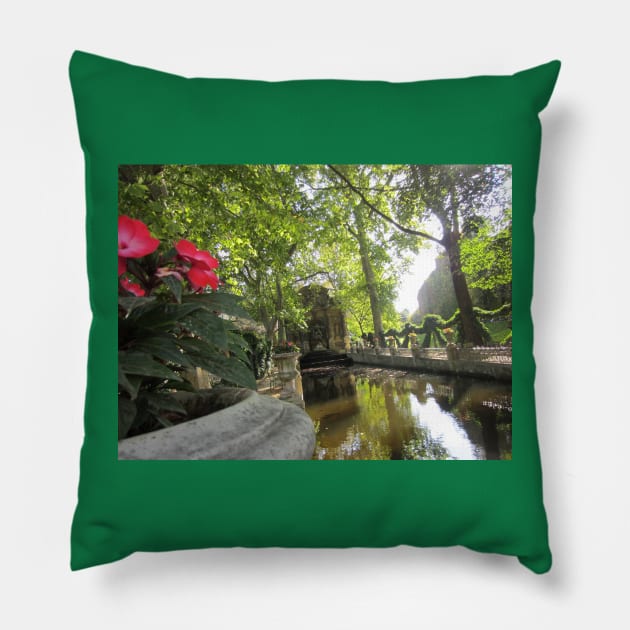 Paris Luxembourg Gardens and Medici Fountain Flowers Pillow by BlackBeret