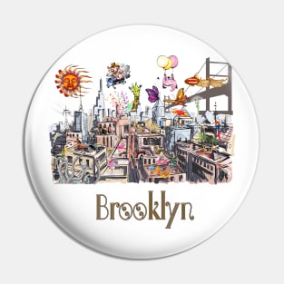 Surreal Pop Art Busy City of Brooklyn Pin