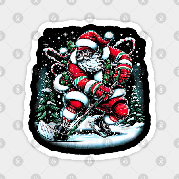 Santa Claus Playing Ice Hockey - Funny Christmas Holidays Magnet by Origami Fashion