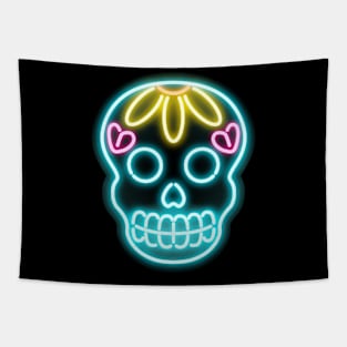 Creepy Maya Skull as Spooky Cyan Neon Sign Gift Tapestry