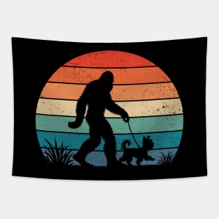 Bigfoot Walking a Yorkshire Terrier Dog Vintage Dog Lover Tapestry