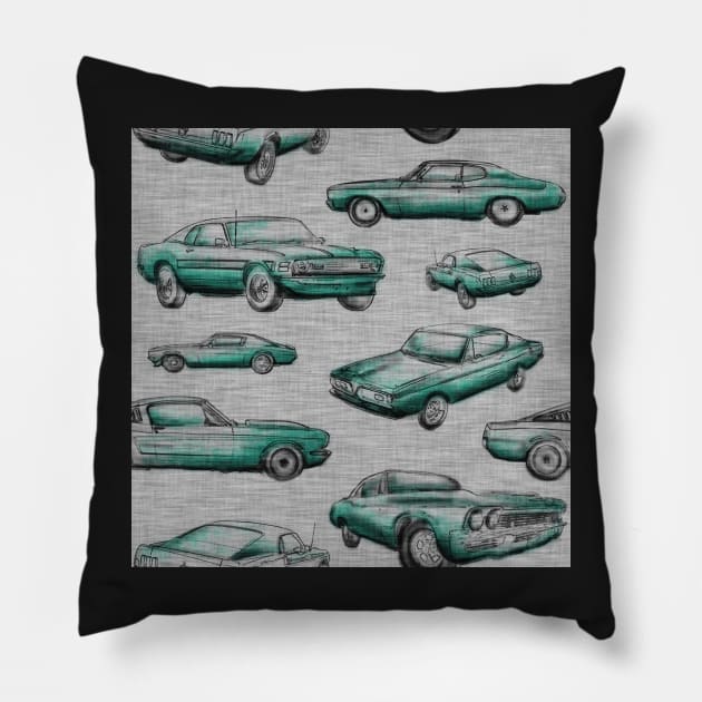 Muscle Cars- teal on grey Pillow by SugarPineDesign