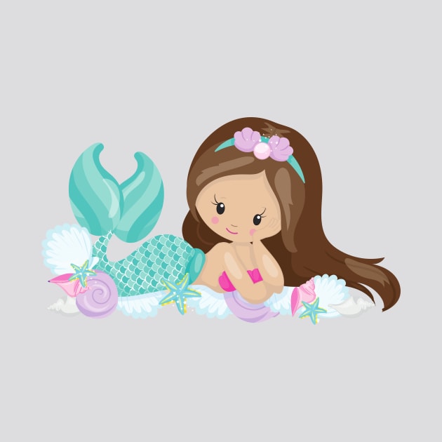 Little Mermaid, Cute Mermaid, Shells, Brown Hair by Jelena Dunčević