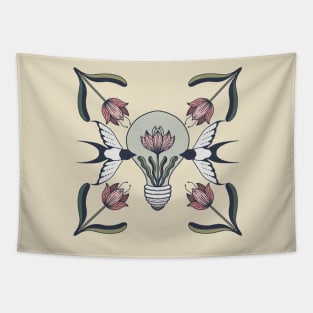 Folk art swallows light bulb and flower tile Tapestry