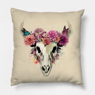 Cow Skull butterflies and floral dahlias crown, rodeo, wild, farm, cowgirl, cow, watercolor style Pillow