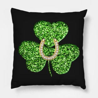 Faux Green Glitter Shamrock With A Horseshoe Pillow