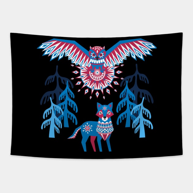 A Northern Folk Winter Woods Midnight Sun Tapestry by LittleBunnySunshine