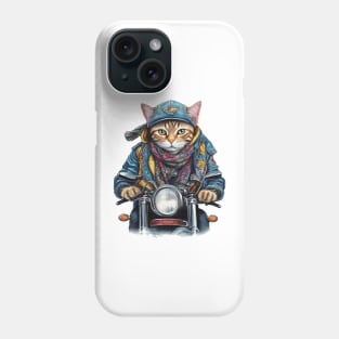 cat wearing a jackets hat and a scarf on a motorcycle Phone Case