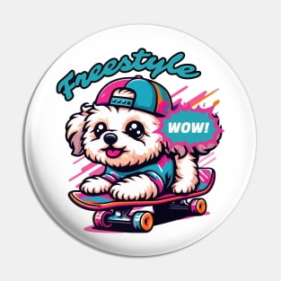 Maltipoo skating. Freestyle. Cute dog. Colorful. Playful Pin