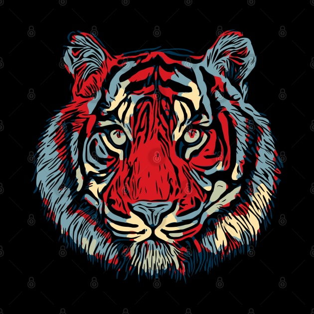 Tiger Head In Red And Blue by brodyquixote