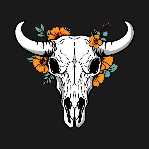 illustration of a cow skull head, with beautiful flowers by InshynaArt