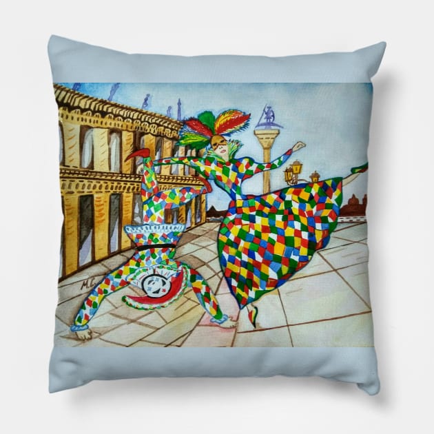 Arlecchino and Colombina. Carnival of Venice. Pillow by mariasibireva