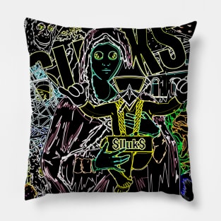 Dope Slluks chicken character chilling with virgin Mary montage black ink-pencil illustration Pillow