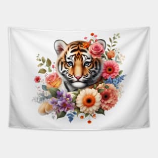 A baby tiger decorated with beautiful colorful flowers. Tapestry