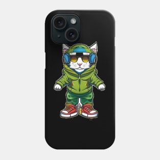 Paws & Playlists: Stylish Cat with Green Hoodie, Sunglasses, and Blue Headphones Phone Case