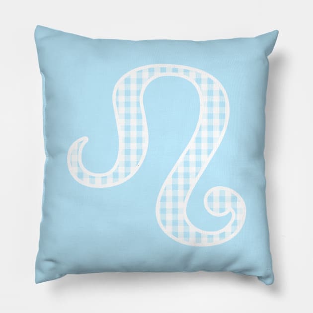 Leo Zodiac Horoscope Symbol in Pastel Blue and White Gingham Pattern Pillow by bumblefuzzies