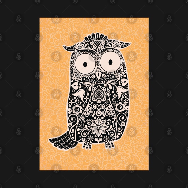 Black and White Folk Art Owl on Yellow Floral Background by NattyDesigns