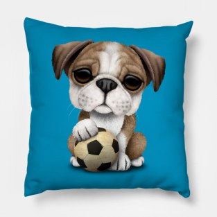 Cute British Bulldog Puppy With Football Soccer Ball Pillow