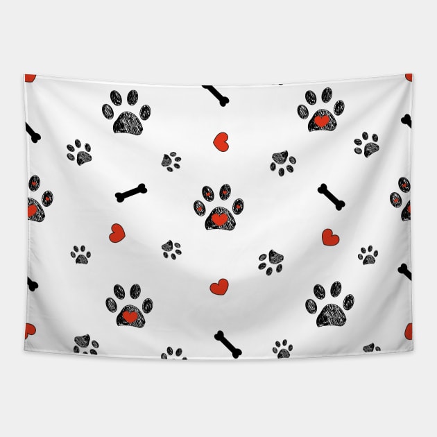 Doodle black paw prints, bone with red heart Tapestry by GULSENGUNEL