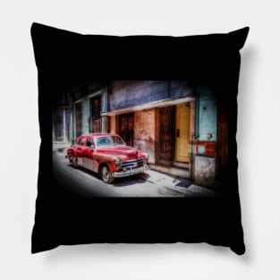 Red Car In Old Havana, Cuba, Oil Painting Pillow