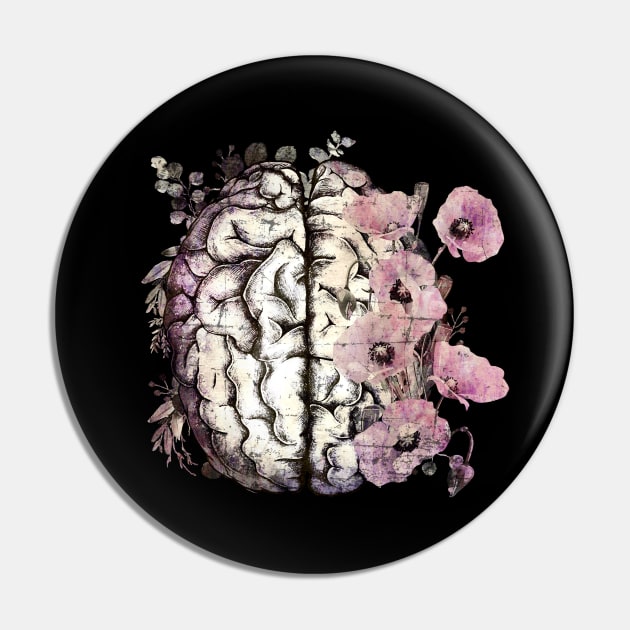 Brain with Pink poppy, psychology, mental health, front brain, vintage watercolor Pin by Collagedream