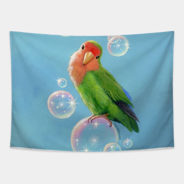 Bubbles, the Peach Faced Lovebird on Bubbles Tapestry by Spiderwebart Gallery