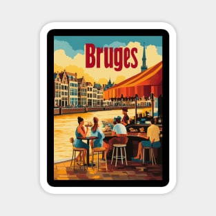 Visitors savor delicious food while seated at a charming riverside cafe in Bruges. The picturesque architecture and serene water create a Magnet