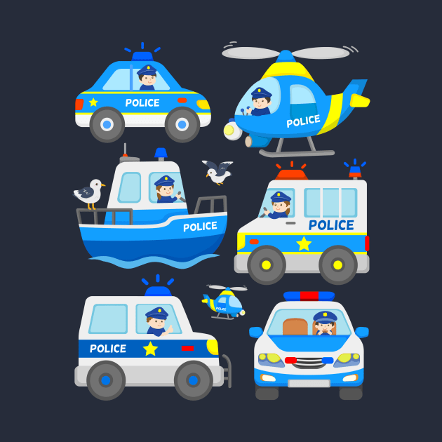 Cops with Patrol Cars Police Helicopter Boat for Kids by samshirts