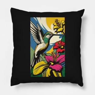 Hummingbird Vibrant Tropical Flower Tall Retro Vintage Digital Pop Art Portrait 3 Pillow