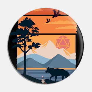 Mountain Wolf Sunset Polyhedral D20 Dice Sun Tabletop RPG Pin