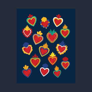 Mexican Sacred Hearts Pattern / Blue Background by Akbaly T-Shirt