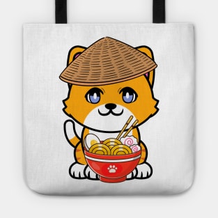 Funny orange cat is eating noodles Tote