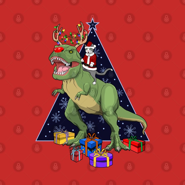 Santa Cat Riding Red Nosed T Rex Dinosaur Christmas by RongWay