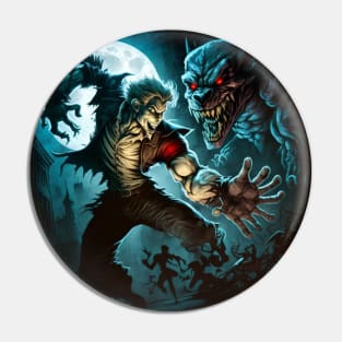 Cartoon image of a vampire vs. a werewolf at full moon. Pin