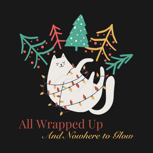Funny Christmas Cat Wrapped in Lights, Surrounded by Trees by TheCloakedOak