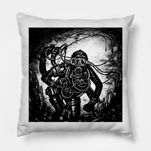 The steampunk diver explores an underground cave Pillow