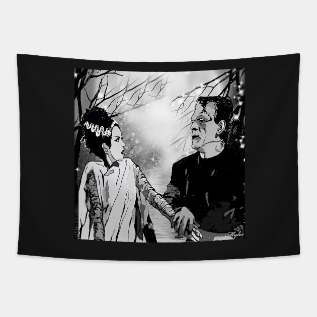 FRANKENSTEIN AND WIFE:  WE WERE MEANT FOR EACH OTHER Tapestry by Overthetopsm