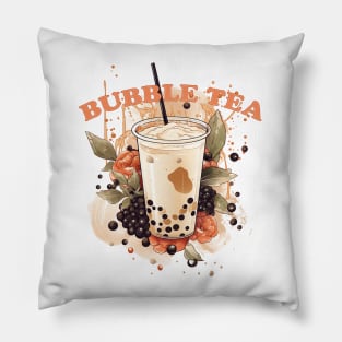 BUBBLE TEA  - boba tea - tapioca, flowers and green leafs Pillow