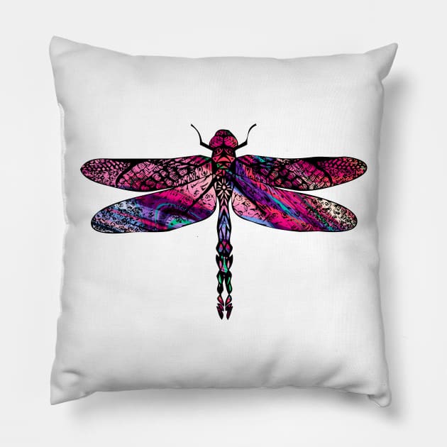 Ornate Dragon Fly Colorful Insect Illustration Pillow by VintCam