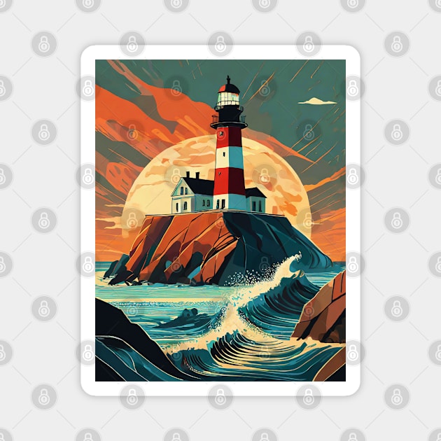 Coastal Beacon at Sunset with lighthouse Magnet by POD24