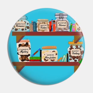 Coffee and reading - jars of coffee with book genre labels kept on a bookshelf with books Pin